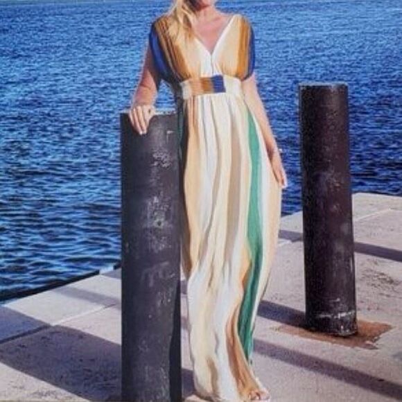 NWT Poof New York Womens Striped Colorblocked V Neck Maxi Dress Multicolor Large - Picture 1 of 10